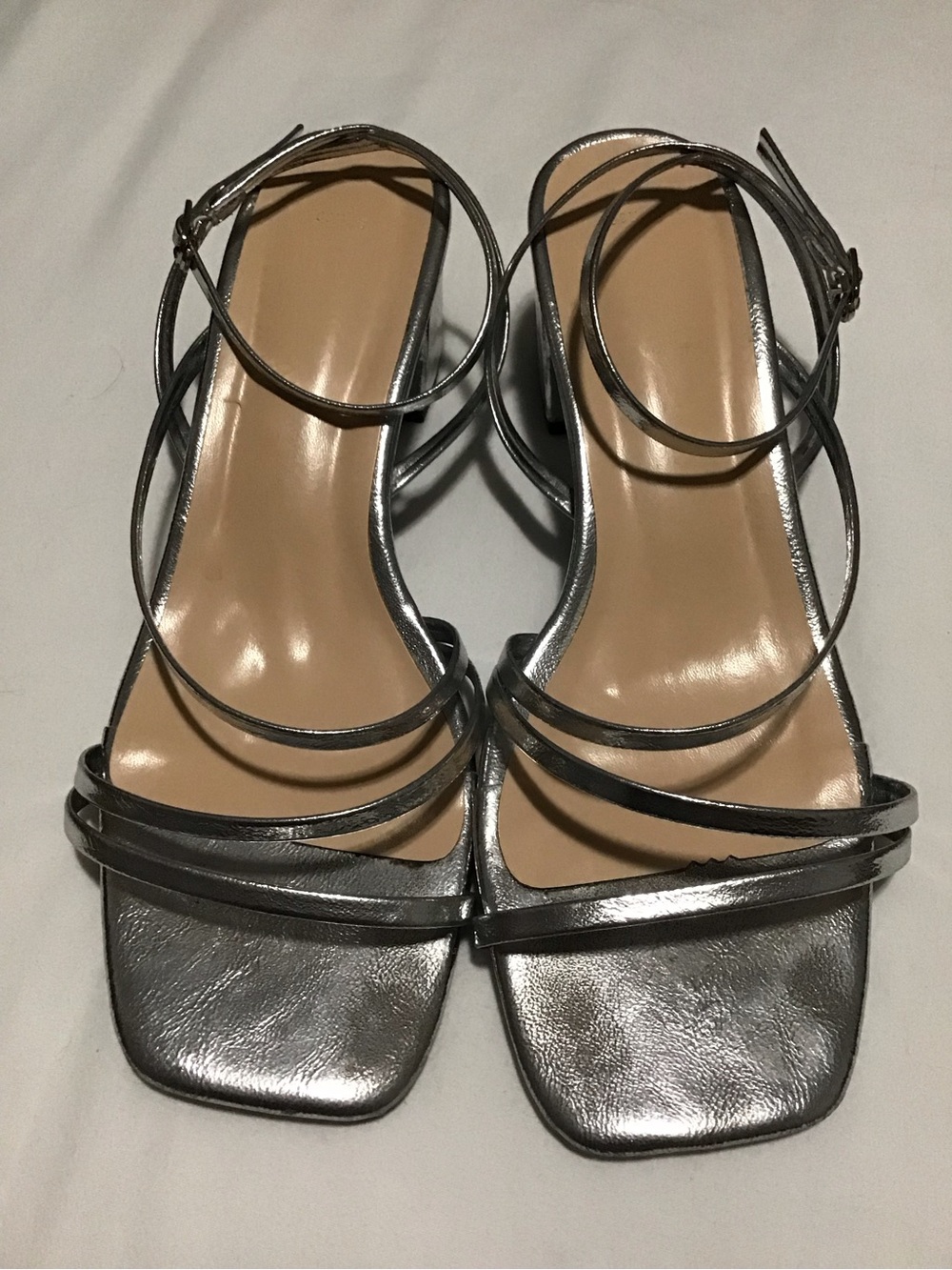 Metallic Strappy Square-Toe Heels in Silver Size 39